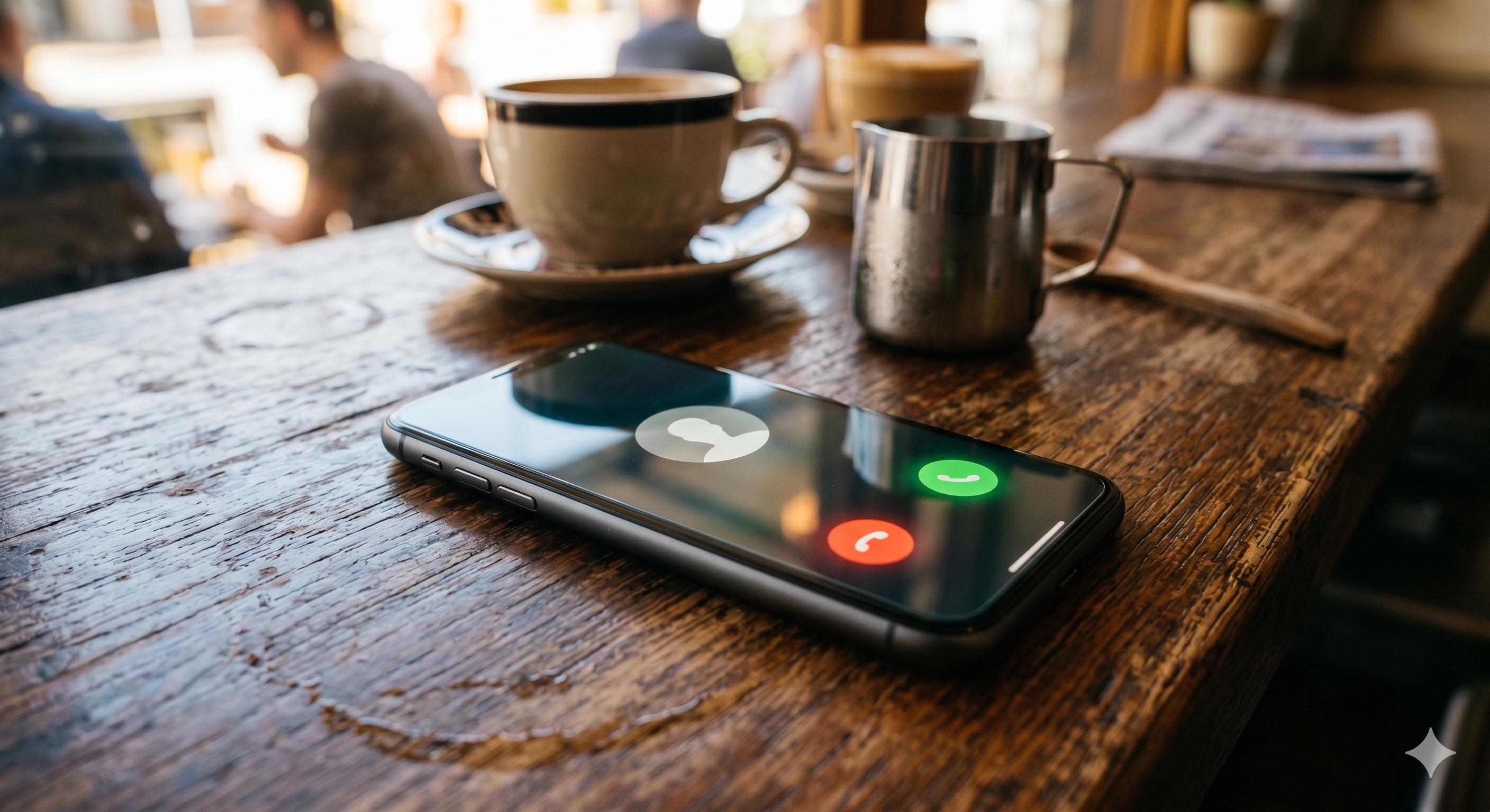 A phone ringing on a café counter during the morning rush